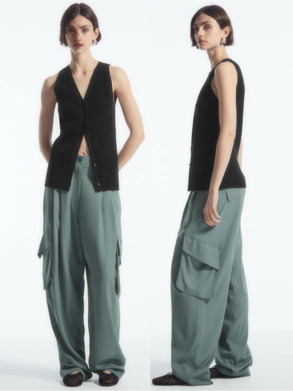COS Paperbag Utility Trousers Dusty Teal Blue Cargo Wide Leg NWT Size 2